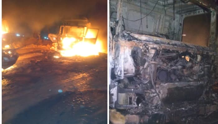 दर्दनाक हादसा : दो ट्रको की आपस में भिड़ंत के बाद लगी आग, जिंदा जला ड्राइवर