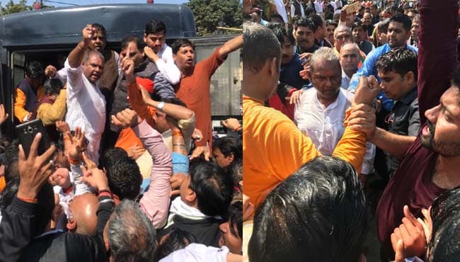 भाजपा का जबरदस्त विरोध प्रदर्शन, पुलिस ने भांजी लाठियां, सांसद समेत सैंकड़ों कार्यकर्ता गिरफ्तार