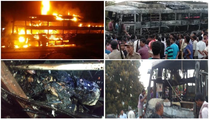 दर्दनाक हादसा: डिवाईडर से टकराई बस में लगी आग, जिंदा जले कई यात्री, कई झुलसे