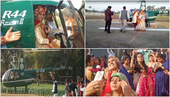 हेलीकॉप्टर से बारात लेकर पहुंचा किसान का बेटा, आसमान से बरसे फूल, देखिये वीडियो