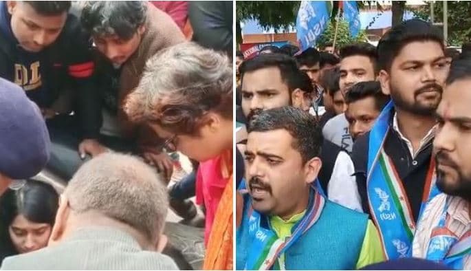 धरने पर बैठी छात्रा से मिलने पहुंची सांसद साध्वी प्रज्ञा, NSUI ने लगाए आतंकवादी गो बैक के नारे