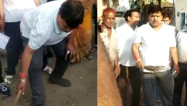 गंदगी देख भड़के मंत्री तोमर, हाथ में ली झाड़ू और खुद करने लगे सफाई