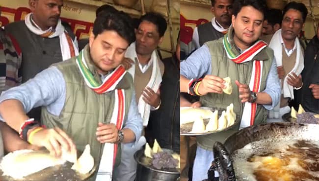 जब सिंधिया बने हलवाई और तलने लगे समोसे, देखिये वीडियो