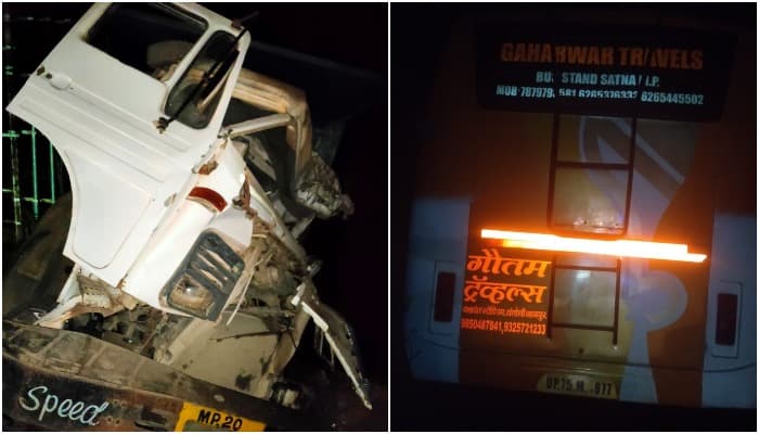 ट्रक से टकराने के बाद पलटी बस, 3 यात्रियों की मौके पर मौत, 1 दर्जन घायल