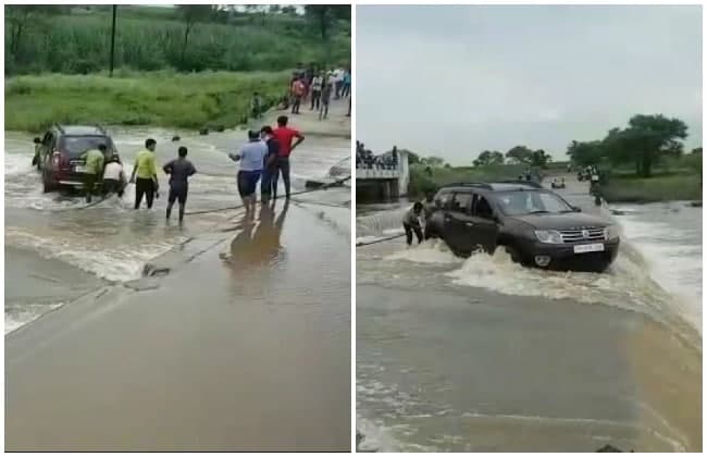 उफनते रपटे में फंसी कार, रस्सी बांधकर चार युवकों को बचाया