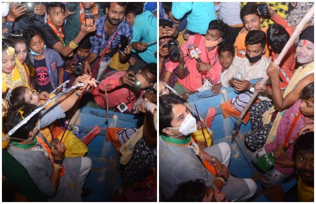 सिंधिया का चुनावी सभा में नया अंदाज, नाव में बैठकर धनुष बाण से साधा निशाना,तस्वीर चर्चा में