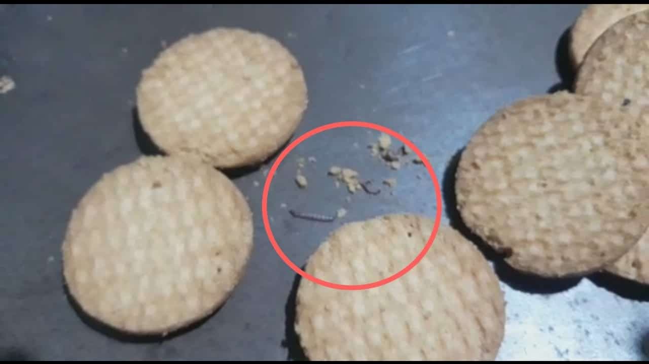 जानी मानी कम्पनी के बिस्किट में निकली इल्ली, शिकायत पर सैंपल के लिए मौके पर पहुंची खाद्य विभाग टीम