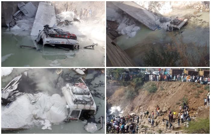 चूने से भरा कंटेनर अनियंत्रित होकर पुल से नीचे जा गिरा, 2 लोगों के दबे होने की आशंका, बचाव कार्य जारी