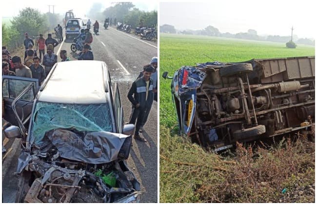कार को टक्कर मारने के बाद खेत में जा पलटी बस, हादसे में एक की मौत, आधा दर्जन घायल