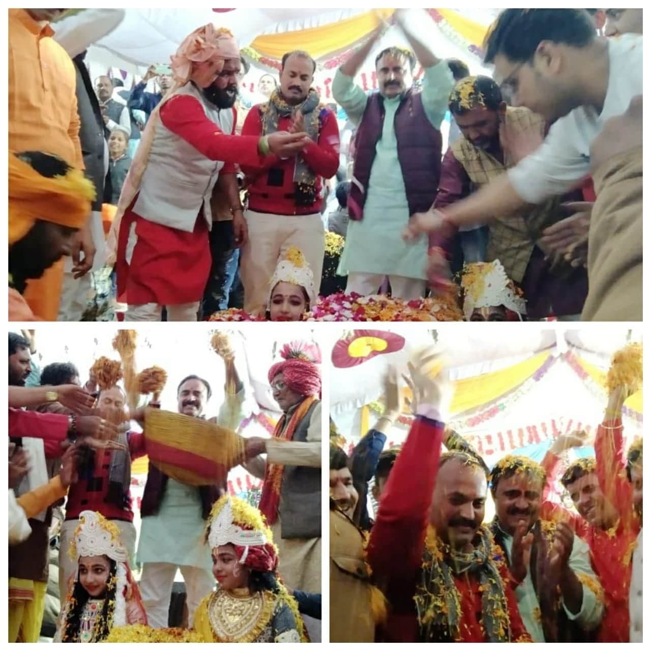 कथा समापन पर श्रीकृष्ण रूक्मिणी संग राज्यमंत्री ने जमकर खेली फूलों की होली