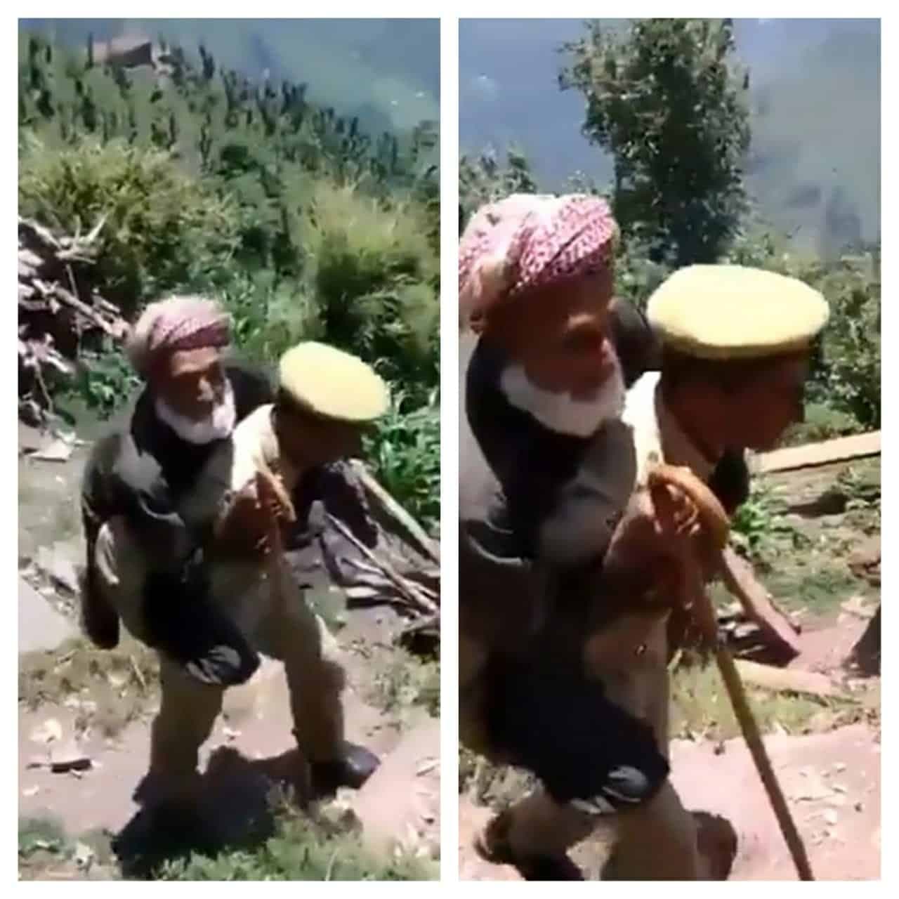 Video : बुजुर्ग को पीठ पर बिठा पहाड़ियां लांघकर वैक्सीनेशन सेंटर ले गया पुलिस अधिकारी