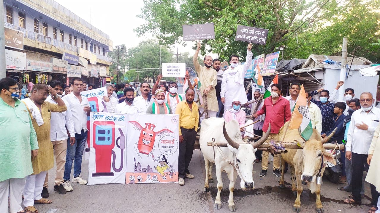 महंगाई के विरोध में कांग्रेस का अनोखा प्रदर्शन, बैलगाड़ी पर निकले, बिना सिलेंडर के चूल्हे पर सेंकी रोटियां