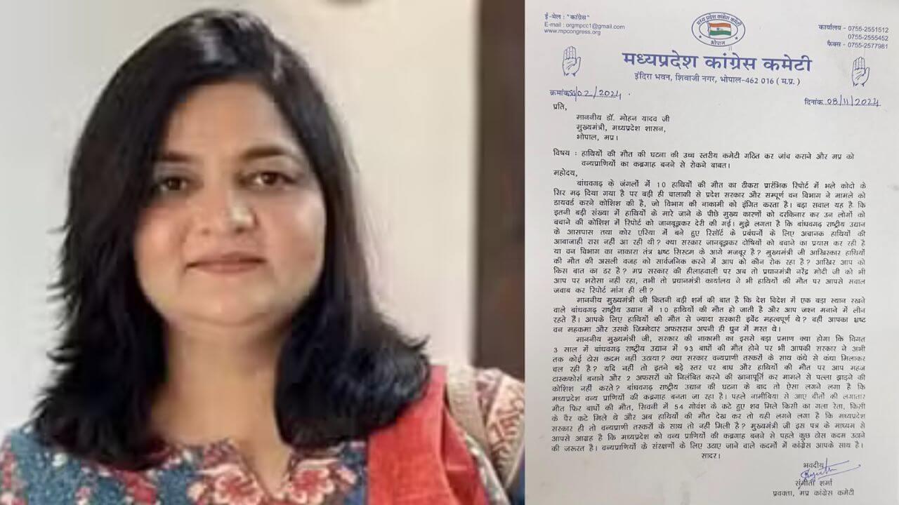 MP कांग्रेस प्रवक्ता संगीता शर्मा ने मुख्यमंत्री को लिखा पत्र, हाथियों की मौत पर जताई चिंता, सरकार से कार्रवाई की मांग