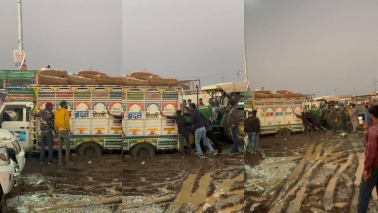 बारिश से दलदल में तब्दील हुई मटर-मंडी, 100 से ज्यादा वाहन फंसे