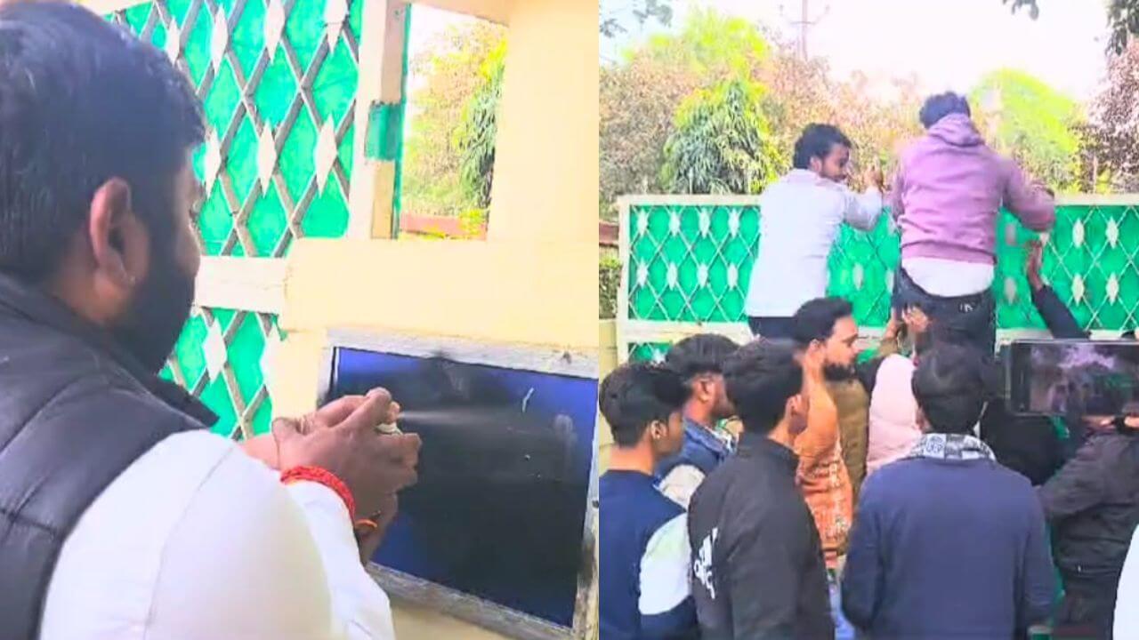 जीवाजी विश्वविद्यालय में NSUI का प्रदर्शन, कुलगुरु की नेम प्लेट पर कालिख पोती, पुतला जलाया