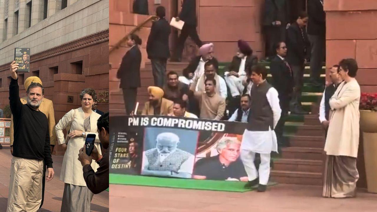 संसद परिसर में कांग्रेस का प्रदर्शन, राहुल गांधी ने दिखाई जनरल नरवणे की किताब, प्रियंका गांधी का हमला