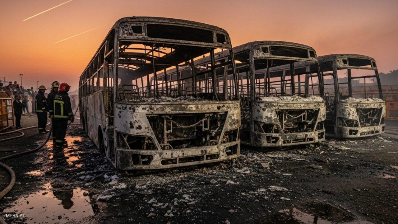 तीन इमली बस स्टैंड पर अचानक लगी आग, तीन बसें जलकर खाक