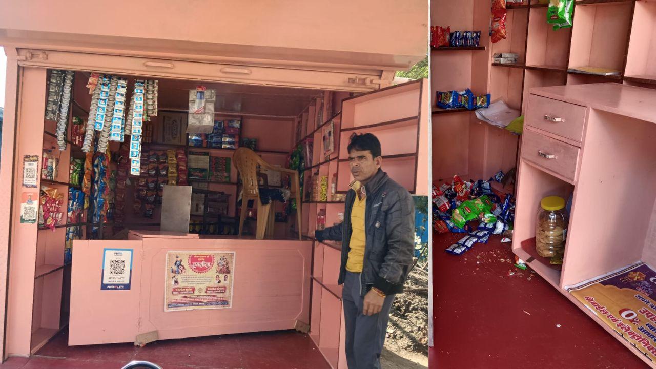 किराना दुकान में घुसे चोर, आराम से बैठे नमकीन, बिस्किट खाए फिर हजारों का सामान चोरी कर फरार