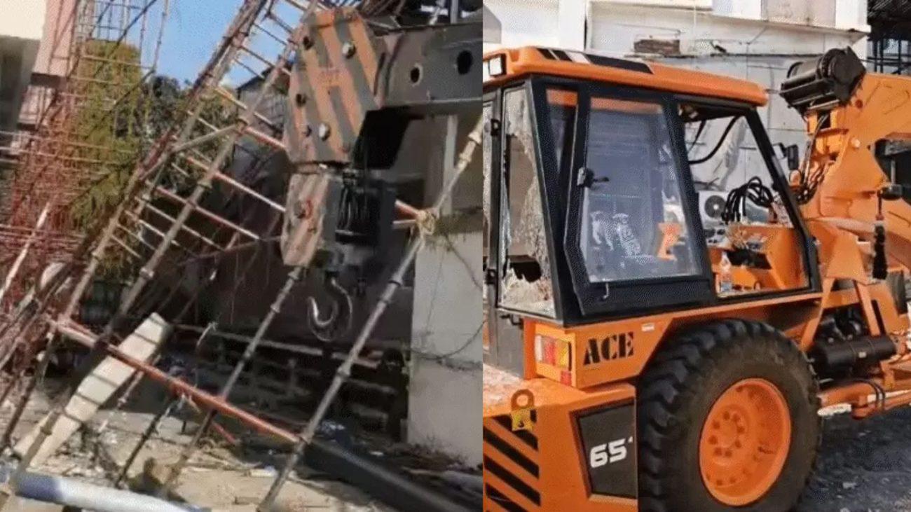 इंदौर के सुयश अस्पताल का 70 फीट ऊंचा छज्जा गिरा, दो मकानों को पहुंचा नुकसान, लोगों ने गुस्से में क्रेन के कांच फोड़े