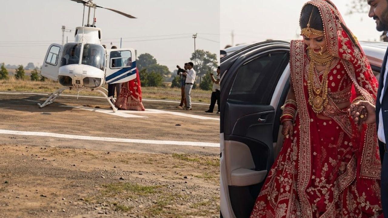 जबलपुर में शाही विदाई! हेलीकॉप्टर से ससुराल पहुंची दुल्हन, देखने उमड़ी भीड़