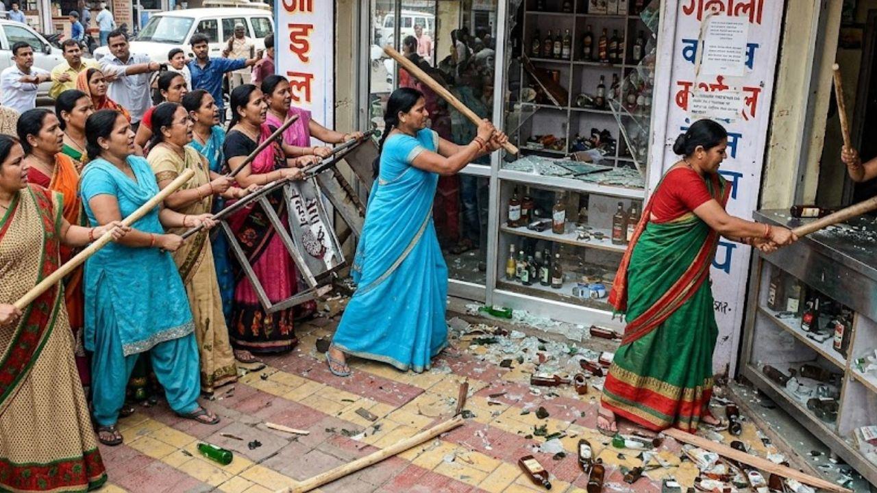 जबलपुर में शराब दुकान पर महिलाओं का हंगामा, लाठी-डंडों से की जमकर तोड़फोड़
