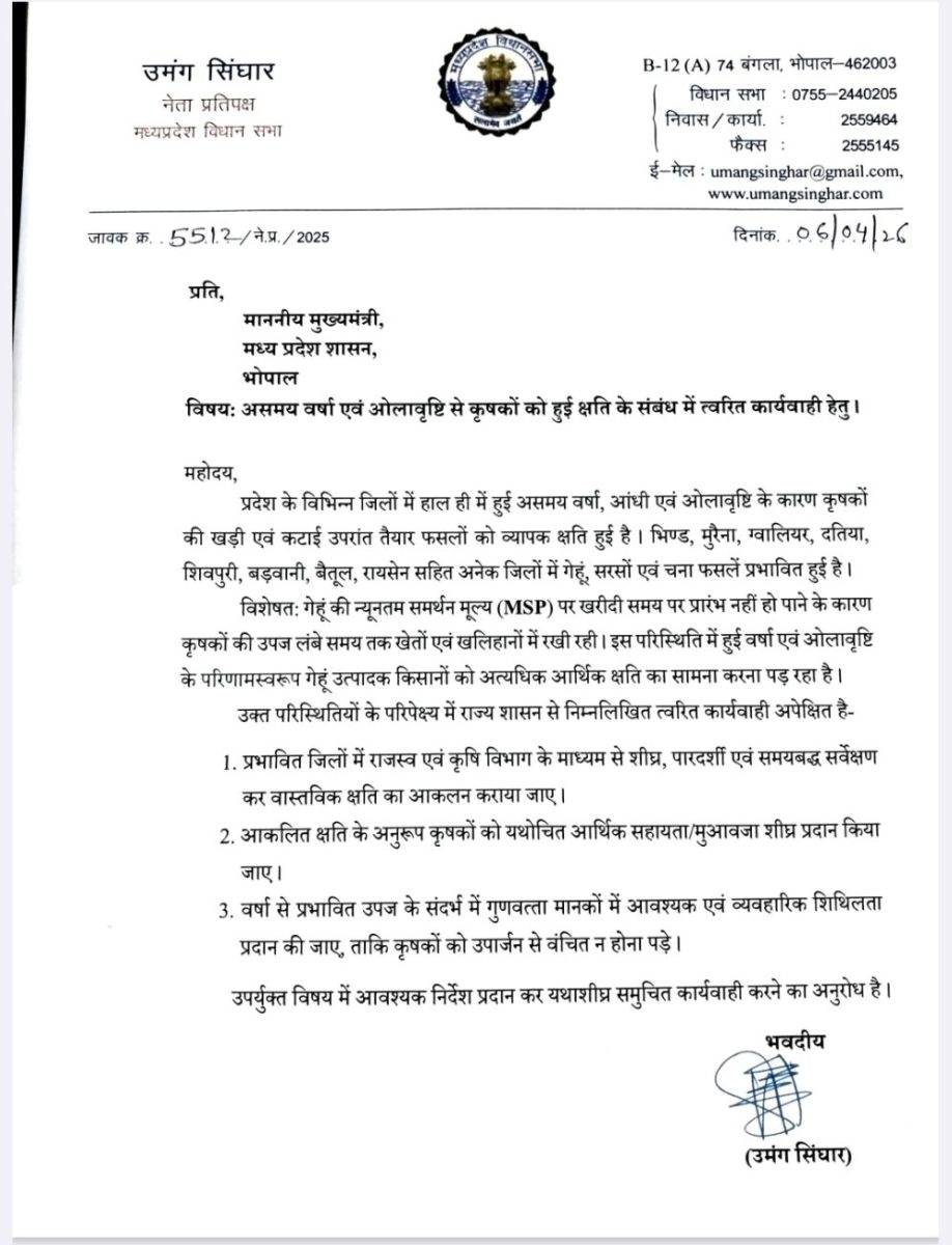 Umang Singhar Writes to CM Mohan Yadav