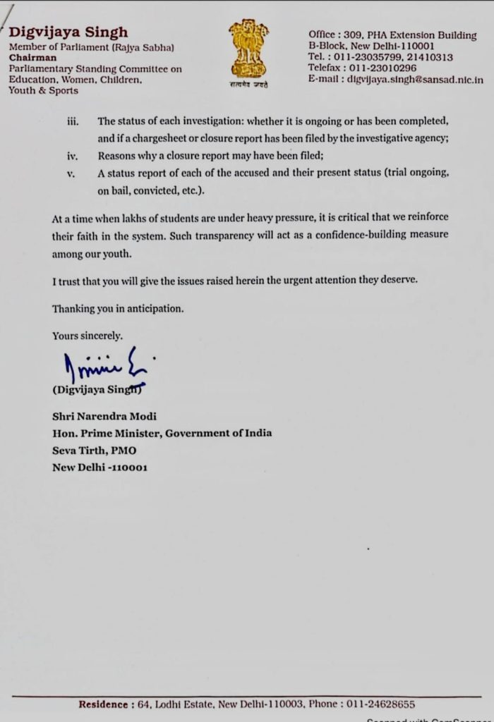 Digvijaya Singh Writes to PM Modi