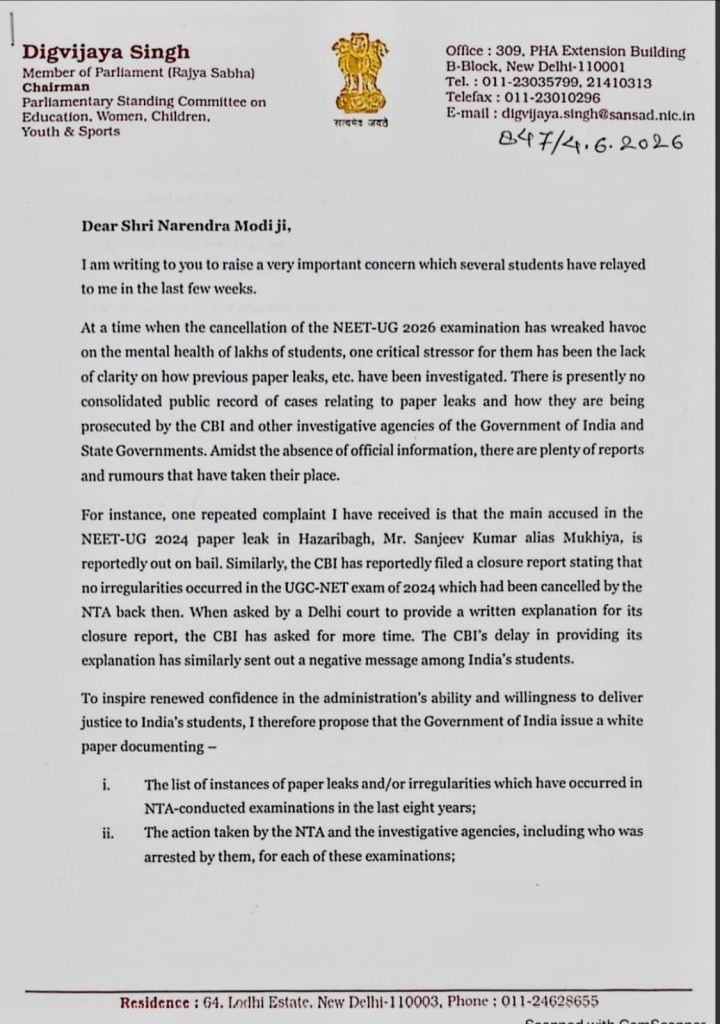Digvijaya Singh Writes to PM Modi