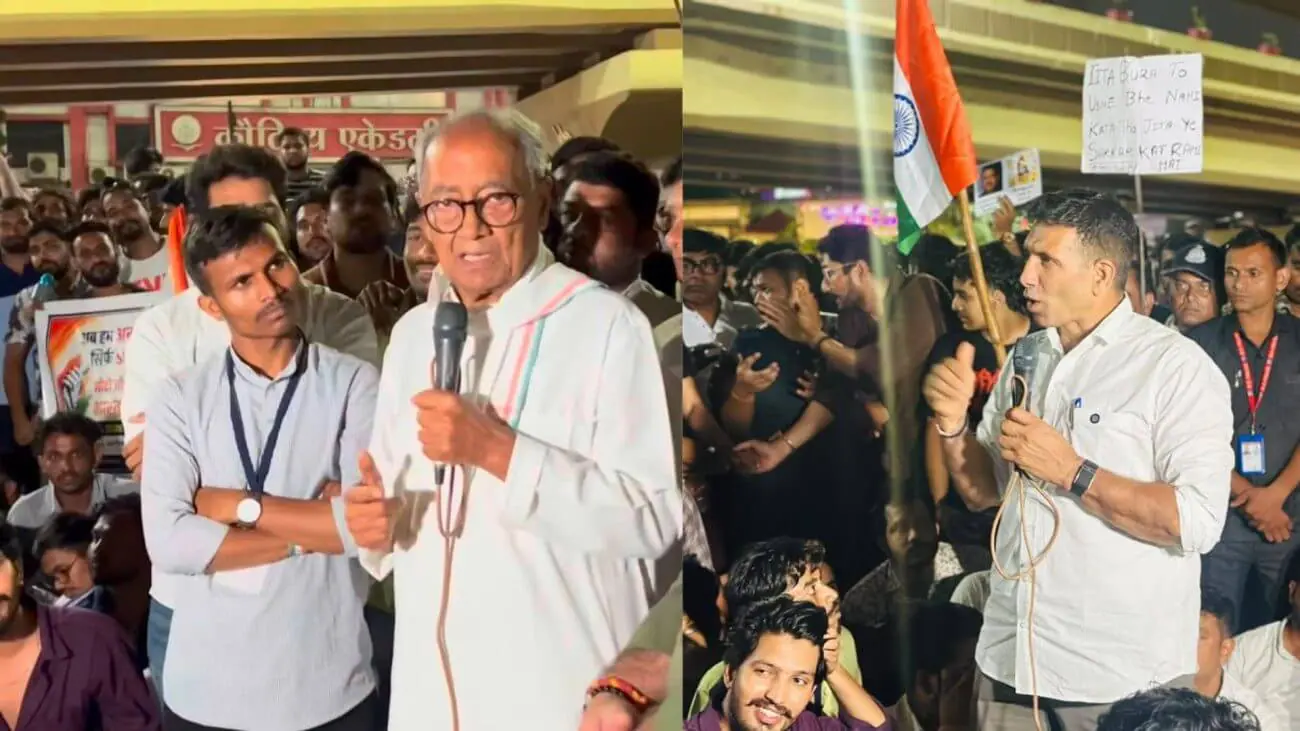 टंट्याभील चौराहे पर चल रहे छात्र आंदोलन में पहुंचे दिग्विजय सिंह और जीतू पटवारी, बोले- ‘सरकार ने लाखों छात्रों के भविष्य को संकट में डाल दिया’