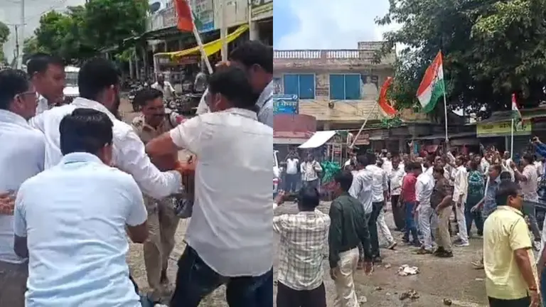 जावद बस स्टैंड पर कांग्रेस का प्रदर्शन, पुलिस से नोकझोंक के बीच फूंका पुतला