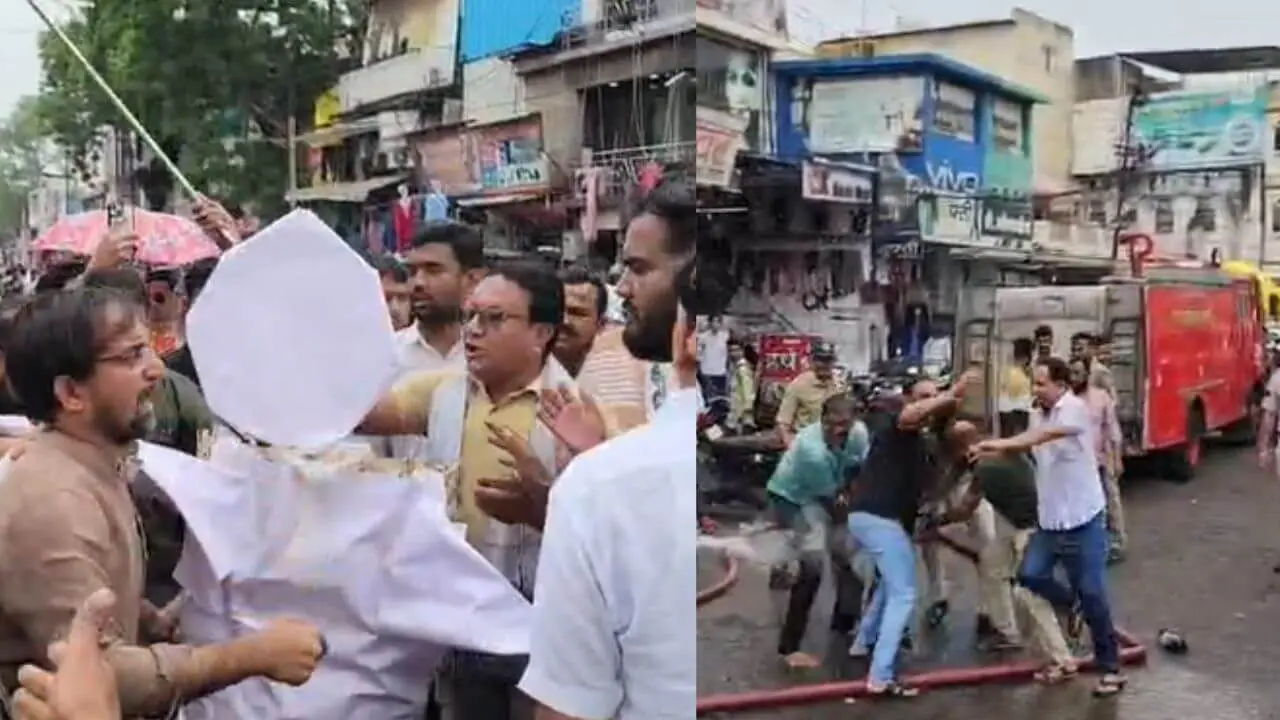 राहुल गांधी की हिरासत पर बवाल: खंडवा में कांग्रेस ने केंद्र सरकार का पुतला फूंका, पुलिस ने पानी की बौछार से बुझाई आग