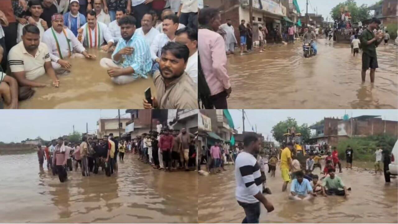 सड़क बनी तालाब, स्थानीय लोगों का जीना मुहाल, गंदे पानी में धरने पर बैठे कांग्रेस विधायक, प्रशासन को दी चेतावनी