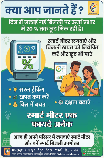 मध्य प्रदेश मध्य क्षेत्र विद्युत वितरण कंपनी — स्मार्ट मीटर लगवाएं, दिन में बिजली पर 20% तक छूट