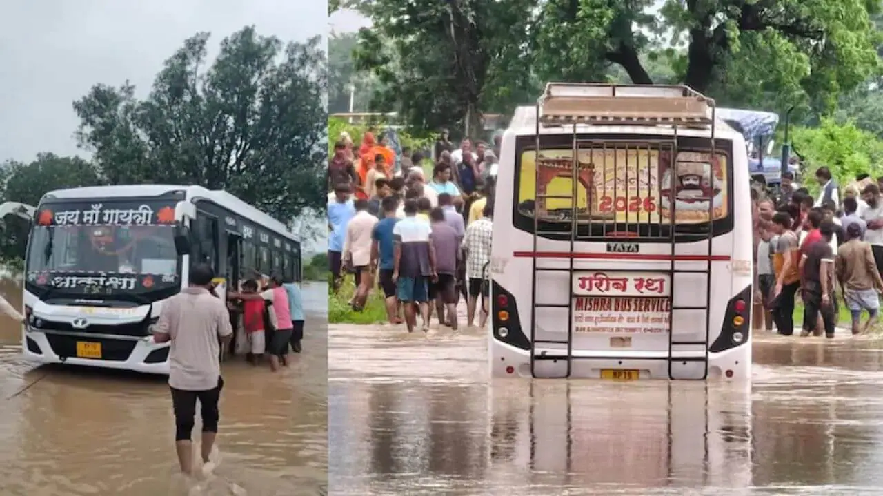 बीहर नदी का रौद्र रूप! पानी के तेज बहाव में फंसी यात्री बस, ड्राइवर यात्रियों को छोड़ भागा