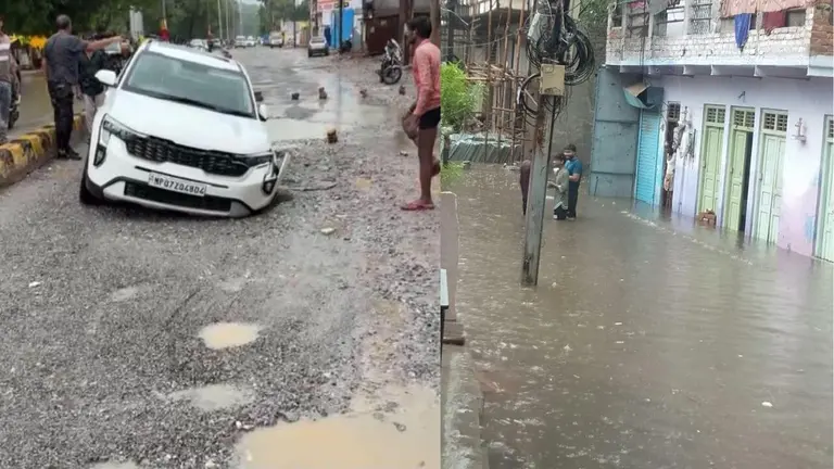 बारिश ने खोली ग्वालियर नगर निगम के इंतजामों की पोल, सड़कें बदहाल, कई जगह धंसी, कार फंसी, जलभराव से लोग बेहाल