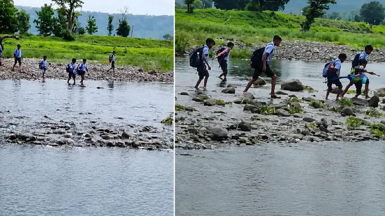 देवास में मासूमों की जिंदगी दांव पर, नदी पार कर स्कूल जाने को मजबूर बच्चे, खिवनी खुर्द का VIDEO वायरल