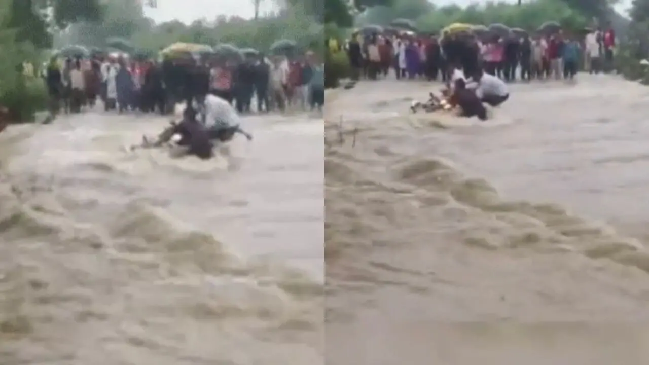 शिवपुरी: उफनती नदी के बीच पुलिया पार करना युवक को पड़ा भारी, बाइक समेत बहा