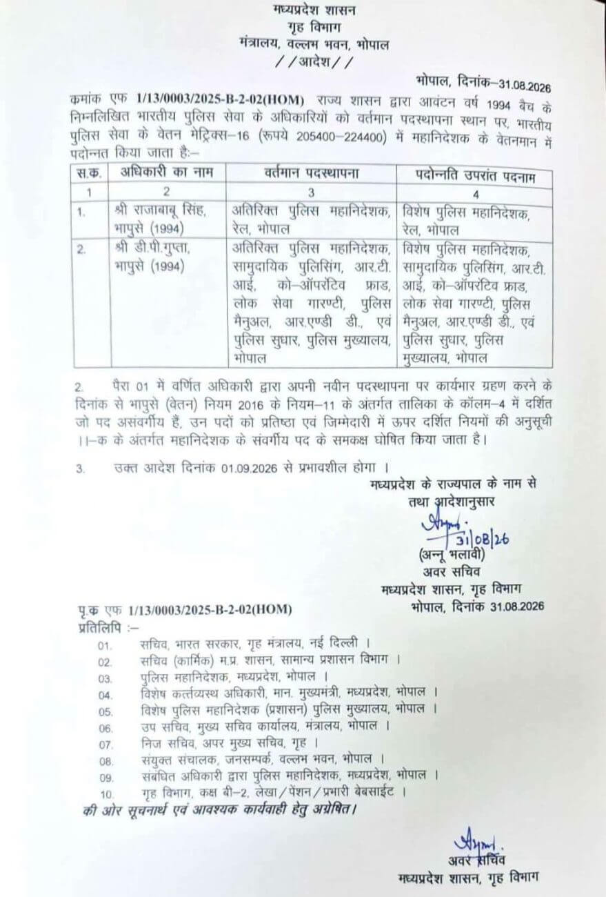 MP News: राज्य शासन ने दो IPS अधिकारियों को किया पदोन्नत, एक का स्वैच्छिक सेवा निवृति आवेदन स्वीकार, आदेश जारी