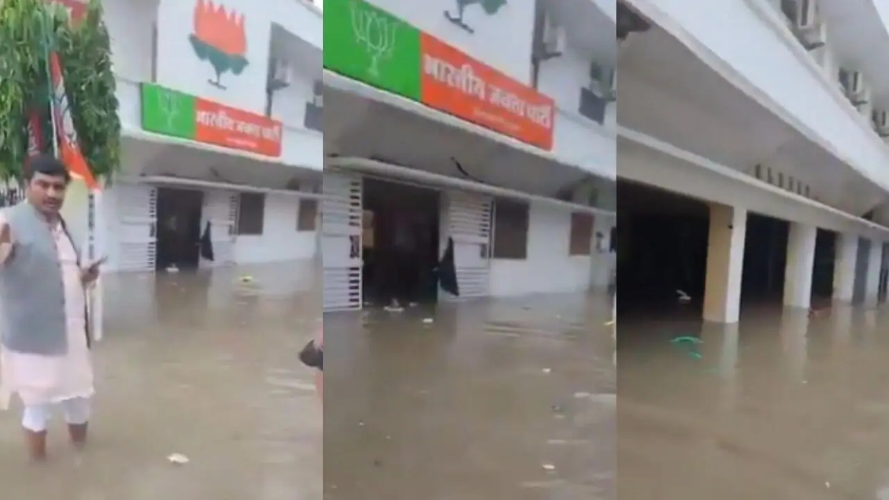सतना में भारी बारिश से बिगड़े हालात, भाजपा कार्यालय परिसर हुआ जलमग्न, जीतू पटवारी बोले- ‘डबल इंजन’ नाव में..