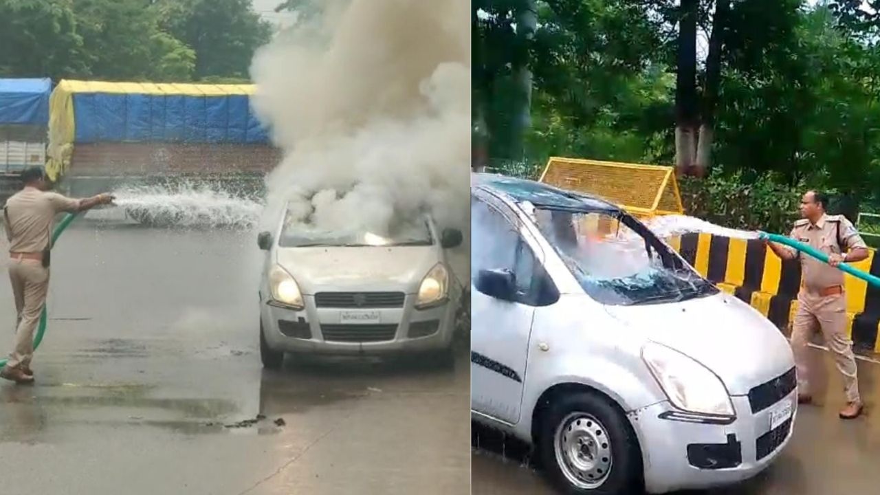 इंदौर में दर्दनाक हादसा, चलती कार बनी आग का गोला, पुलिस ने कांच तोड़कर झुलसे चालक को निकाला बाहर
